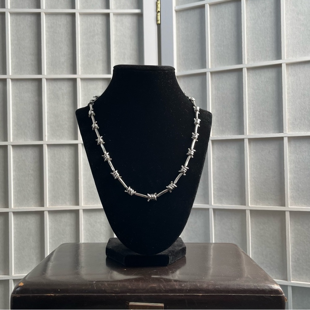 The GLD Shop 14k White Gold Plated Iced Barbed Wire Chain Necklace - Picture 3 of 6